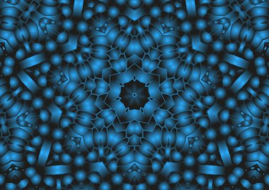 Dijital illüstrasyon, geometrik soyut renkli kaleydoskop simetrik desen ve gradyan etkisi. Klasik güzel dekoratif mavi arkaplan