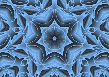 Dijital illüstrasyon, geometrik soyut renkli kaleydoskop simetrik desen ve gradyan etkisi. Klasik güzel dekoratif mavi arkaplan