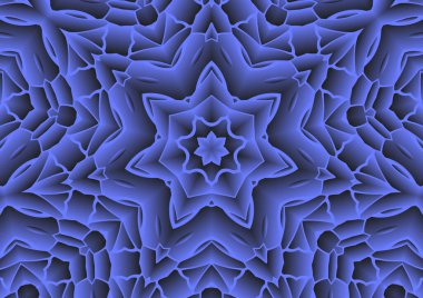Dijital illüstrasyon, geometrik soyut renkli kaleydoskop simetrik desen ve gradyan etkisi. Klasik güzel dekoratif mavi arkaplan