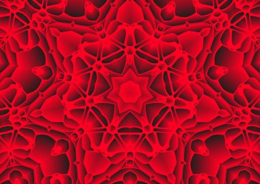 Dijital illüstrasyon, geometrik soyut renkli kaleydoskop simetrik desen ve gradyan etkisi. Klasik güzel dekoratif kırmızı arkaplan