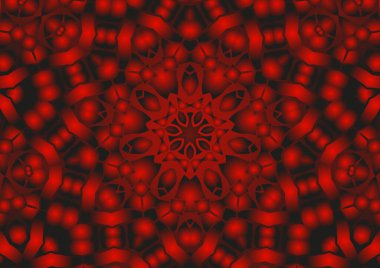 Dijital illüstrasyon, geometrik soyut renkli kaleydoskop simetrik desen ve gradyan etkisi. Klasik güzel dekoratif kırmızı arkaplan