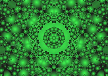 Dijital illüstrasyon, geometrik soyut renkli kaleydoskop simetrik desen ve gradyan etkisi. Klasik güzel dekoratif yeşil arkaplan