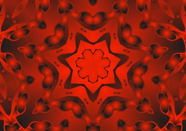 Dijital illüstrasyon, geometrik soyut renkli kaleydoskop simetrik desen ve gradyan etkisi. Klasik güzel dekoratif kırmızı arkaplan