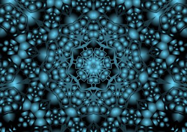 Dijital illüstrasyon, geometrik soyut renkli kaleydoskop simetrik desen ve gradyan etkisi. Klasik güzel dekoratif mavi arkaplan