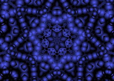 Dijital illüstrasyon, geometrik soyut renkli kaleydoskop simetrik desen ve gradyan etkisi. Klasik güzel dekoratif mavi arkaplan