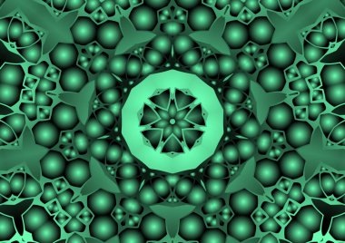 Dijital illüstrasyon, geometrik soyut renkli kaleydoskop simetrik desen ve gradyan etkisi. Klasik güzel dekoratif yeşil arkaplan