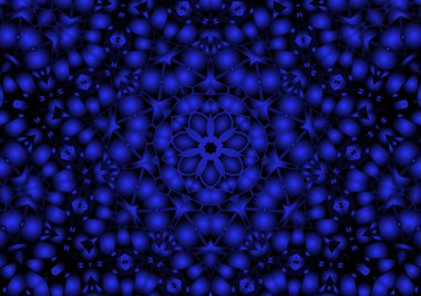 Dijital illüstrasyon, geometrik soyut renkli kaleydoskop simetrik desen ve gradyan etkisi. Klasik güzel dekoratif mavi arkaplan