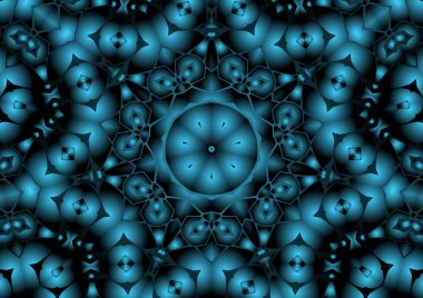 Dijital illüstrasyon, geometrik soyut renkli kaleydoskop simetrik desen ve gradyan etkisi. Klasik güzel dekoratif mavi arkaplan