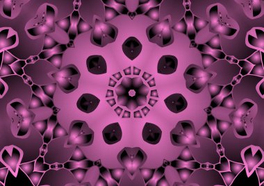 Dijital illüstrasyon, geometrik soyut renkli kaleydoskop simetrik desen ve gradyan etkisi. Klasik güzel dekoratif pembe arkaplan