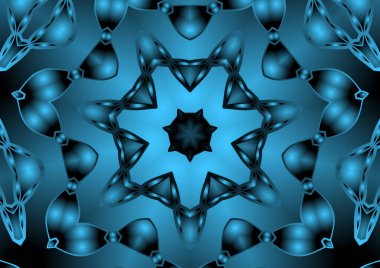 Dijital illüstrasyon, geometrik soyut renkli kaleydoskop simetrik desen ve gradyan etkisi. Klasik güzel dekoratif mavi arkaplan