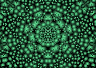 Dijital illüstrasyon, geometrik soyut renkli kaleydoskop simetrik desen ve gradyan etkisi. Klasik güzel dekoratif yeşil arkaplan