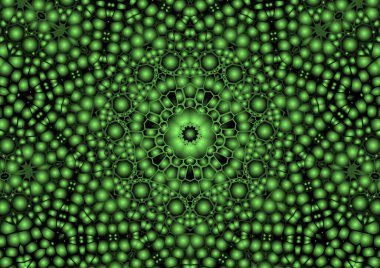 Dijital illüstrasyon, geometrik soyut renkli kaleydoskop simetrik desen ve gradyan etkisi. Klasik güzel dekoratif yeşil arkaplan