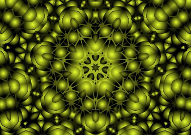 Dijital illüstrasyon, geometrik soyut renkli kaleydoskop simetrik desen ve gradyan etkisi. Klasik güzel dekoratif sarı arkaplan