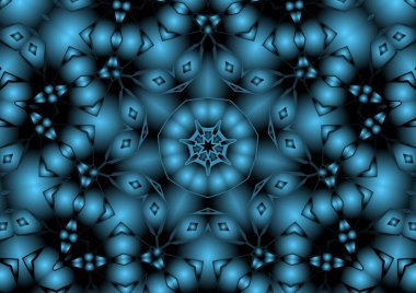 Dijital illüstrasyon, geometrik soyut renkli kaleydoskop simetrik desen ve gradyan etkisi. Klasik güzel dekoratif mavi arkaplan