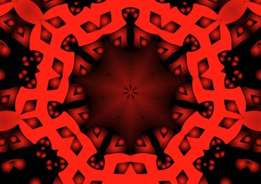 Dijital illüstrasyon, geometrik soyut renkli kaleydoskop simetrik desen ve gradyan etkisi. Klasik güzel dekoratif kırmızı arkaplan