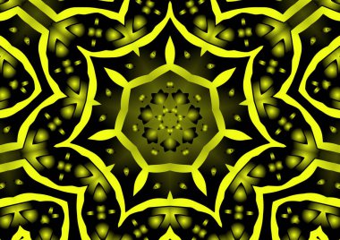 Dijital illüstrasyon, geometrik soyut renkli kaleydoskop simetrik desen ve gradyan etkisi. Klasik güzel dekoratif sarı arkaplan