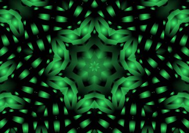 Dijital illüstrasyon, geometrik soyut renkli kaleydoskop simetrik desen ve gradyan etkisi. Klasik güzel dekoratif yeşil arkaplan