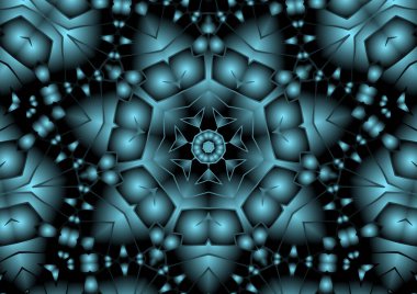 Dijital illüstrasyon, geometrik soyut renkli kaleydoskop simetrik desen ve gradyan etkisi. Klasik güzel dekoratif mavi arkaplan