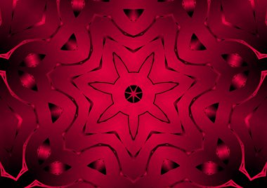 Dijital illüstrasyon, geometrik soyut renkli kaleydoskop simetrik desen ve gradyan etkisi. Klasik güzel dekoratif kırmızı arkaplan