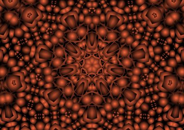 Dijital illüstrasyon, geometrik soyut renkli kaleydoskop simetrik desen ve gradyan etkisi. Klasik güzel dekoratif kırmızı arkaplan