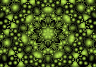 Dijital illüstrasyon, geometrik soyut renkli kaleydoskop simetrik desen ve gradyan etkisi. Klasik güzel dekoratif sarı arkaplan