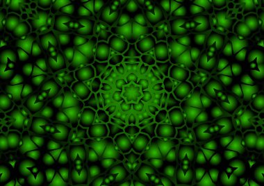 Dijital illüstrasyon, geometrik soyut renkli kaleydoskop simetrik desen ve gradyan etkisi. Klasik güzel dekoratif yeşil arkaplan