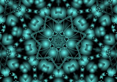 Dijital illüstrasyon, geometrik soyut renkli kaleydoskop simetrik desen ve gradyan etkisi. Klasik güzel dekoratif mavi arkaplan