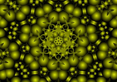 Dijital illüstrasyon, geometrik soyut renkli kaleydoskop simetrik desen ve gradyan etkisi. Klasik güzel dekoratif sarı arkaplan