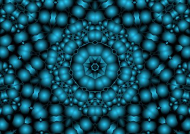 Dijital illüstrasyon, geometrik soyut renkli kaleydoskop simetrik desen ve gradyan etkisi. Klasik güzel dekoratif mavi arkaplan