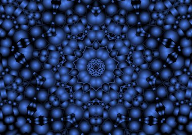 Dijital illüstrasyon, geometrik soyut renkli kaleydoskop simetrik desen ve gradyan etkisi. Klasik güzel dekoratif mavi arkaplan