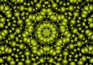 Dijital illüstrasyon, geometrik soyut renkli kaleydoskop simetrik desen ve gradyan etkisi. Klasik güzel dekoratif sarı arkaplan