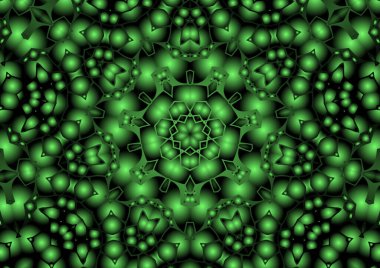 Dijital illüstrasyon, geometrik soyut renkli kaleydoskop simetrik desen ve gradyan etkisi. Klasik güzel dekoratif yeşil arkaplan
