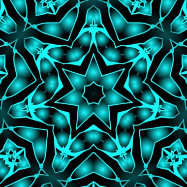 Dijital illüstrasyon, geometrik soyut renkli kaleydoskop simetrik desen ve gradyan etkisi. Klasik güzel dekoratif mavi arkaplan