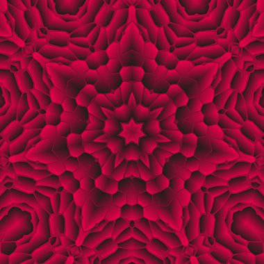Dijital illüstrasyon, geometrik soyut renkli kaleydoskop simetrik desen ve gradyan etkisi. Klasik güzel dekoratif kırmızı arkaplan
