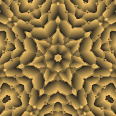 Dijital illüstrasyon, geometrik soyut renkli kaleydoskop simetrik desen ve gradyan etkisi. Klasik güzel dekoratif sarı arkaplan