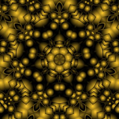 Dijital illüstrasyon, geometrik soyut renkli kaleydoskop simetrik desen ve gradyan etkisi. Klasik güzel dekoratif sarı arkaplan
