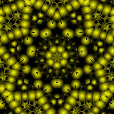 Dijital illüstrasyon, geometrik soyut renkli kaleydoskop simetrik desen ve gradyan etkisi. Klasik güzel dekoratif sarı arkaplan