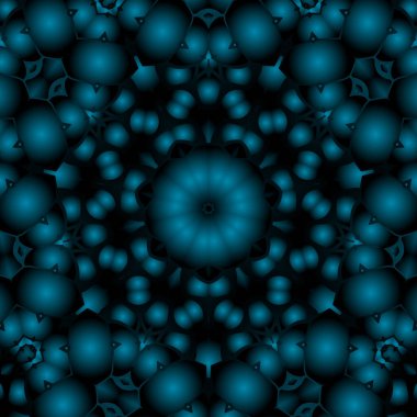 Dijital illüstrasyon, geometrik soyut renkli kaleydoskop simetrik desen ve gradyan etkisi. Klasik güzel dekoratif mavi arkaplan