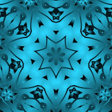 Dijital illüstrasyon, geometrik soyut renkli kaleydoskop simetrik desen ve gradyan etkisi. Klasik güzel dekoratif mavi arkaplan