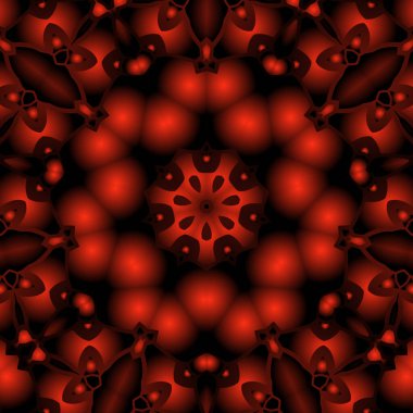 Dijital illüstrasyon, geometrik soyut renkli kaleydoskop simetrik desen ve gradyan etkisi. Klasik güzel dekoratif kırmızı arkaplan