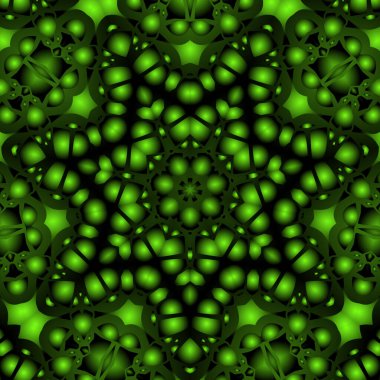Dijital illüstrasyon, geometrik soyut renkli kaleydoskop simetrik desen ve gradyan etkisi. Klasik güzel dekoratif yeşil arkaplan