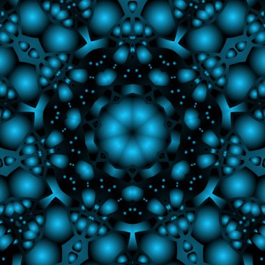 Dijital illüstrasyon, geometrik soyut renkli kaleydoskop simetrik desen ve gradyan etkisi. Klasik güzel dekoratif mavi arkaplan