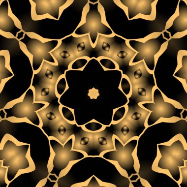 Dijital illüstrasyon, geometrik soyut renkli kaleydoskop simetrik desen ve gradyan etkisi. Klasik güzel dekoratif sarı arkaplan
