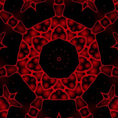 Dijital illüstrasyon, geometrik soyut renkli kaleydoskop simetrik desen ve gradyan etkisi. Klasik güzel dekoratif kırmızı arkaplan