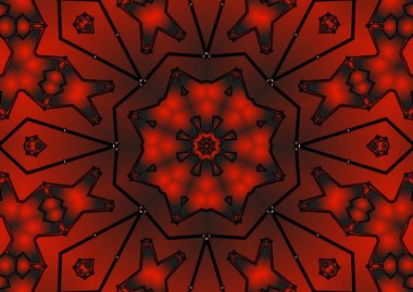 Dijital illüstrasyon, geometrik soyut renkli kaleydoskop simetrik desen ve gradyan etkisi. Klasik güzel dekoratif kırmızı arkaplan