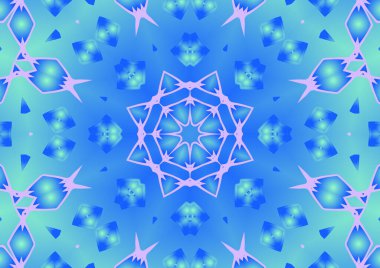 Dijital illüstrasyon, geometrik soyut renkli kaleydoskop simetrik desen ve gradyan etkisi. Klasik güzel dekoratif mavi arkaplan