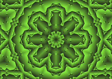 Dijital illüstrasyon, geometrik soyut renkli kaleydoskop simetrik desen ve gradyan etkisi. Klasik güzel dekoratif yeşil arkaplan