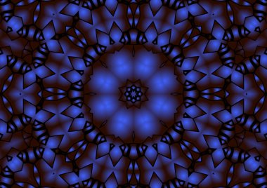 Dijital illüstrasyon, geometrik soyut renkli kaleydoskop simetrik desen ve gradyan etkisi. Klasik güzel dekoratif mavi arkaplan