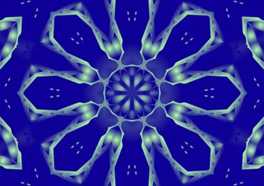 Dijital illüstrasyon, geometrik soyut renkli kaleydoskop simetrik desen ve gradyan etkisi. Klasik güzel dekoratif mavi arkaplan