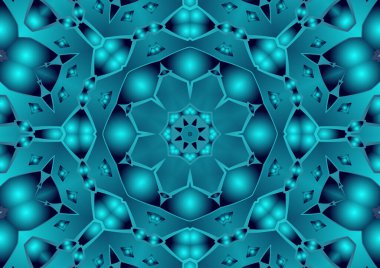 Dijital illüstrasyon, geometrik soyut renkli kaleydoskop simetrik desen ve gradyan etkisi. Klasik güzel dekoratif mavi arkaplan